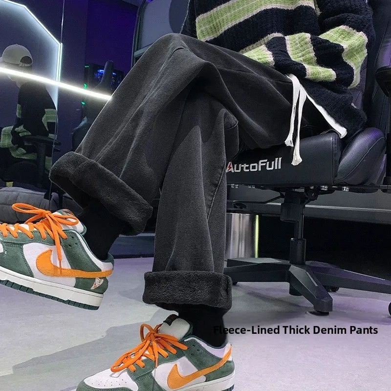 Thiened Fce Lined Thi High Waist Loose Fits Jeans Womens Winter Straight Leg Wide Leg Trousers Wear Resistd Denimcloth...