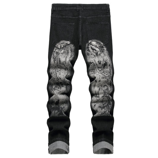 Men's black print pants; Men's print wolf head pattern jeans; Stretch blue jeans 90035