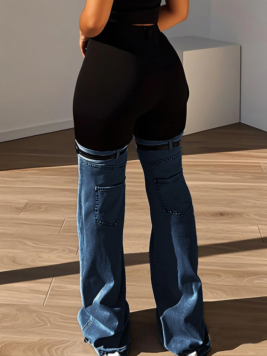 Women’s Trendy High Waist Patchwork Pants Black Bodycon Shorts Top with Blue Jean Bell Bottom Overlay and Punk-Inspired