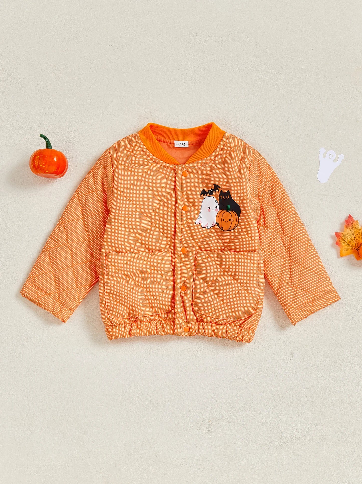 Infant Halloween Costume Pumpkin Ghost Print Long Sleeve Button Up Stand Collar Quilted Jacket with Pockets for Toddlers