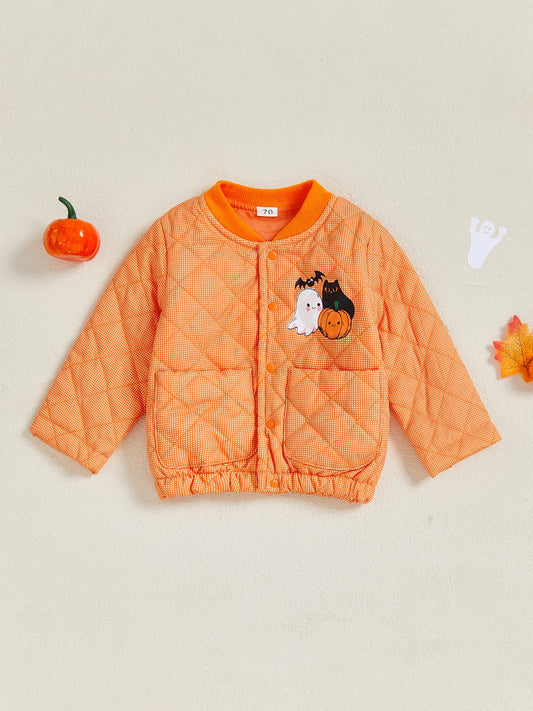 Infant Halloween Costume  Pumpkin Ghost Print Long Sleeve Button Up Stand Collar Quilted Jacket with Pockets for Toddlers