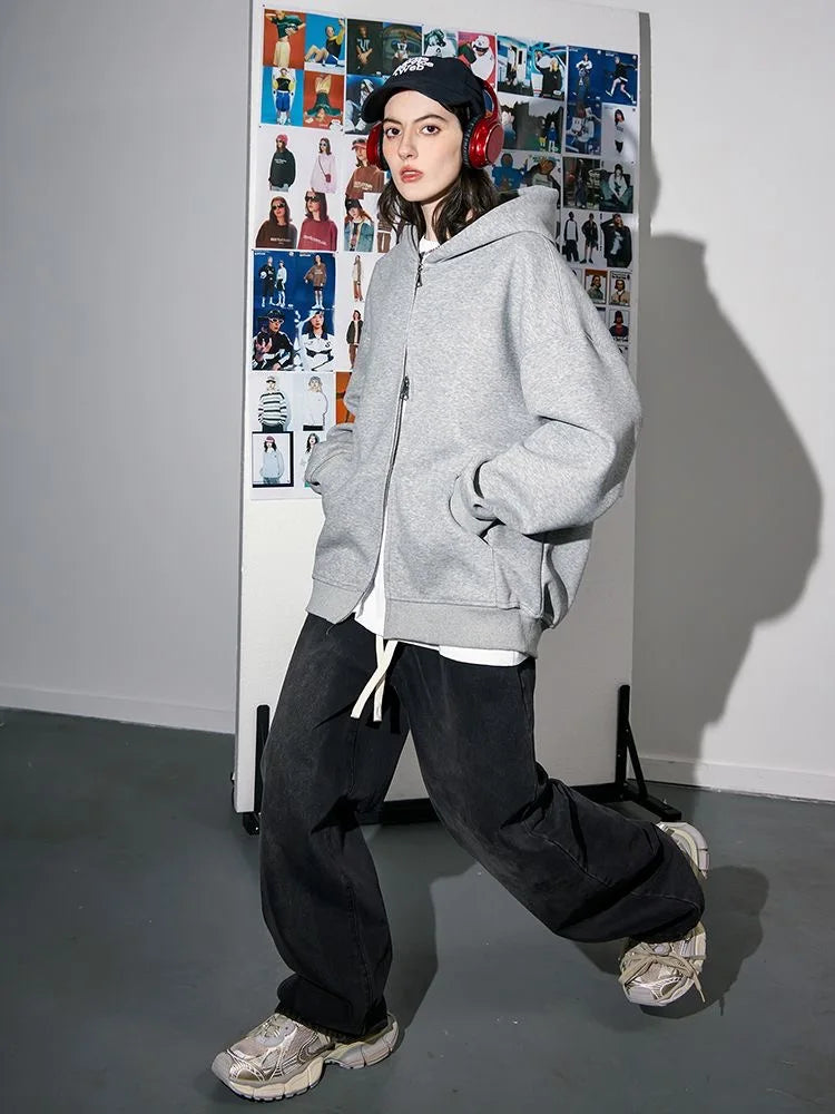 Women's Fashion Warm Hooded Jacket Fall Autumn Winter Gray Long Sleeve Pocket Double Zipper Jacket Commuter Casual Women Jacket