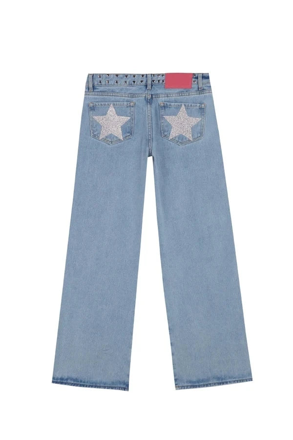 Y2K Blue Vintage Five-Pointed Star High Waited Jeans ONE DILEMMA Fashion Baggy Jeans Women Clothing Casual Straight Denim Pants