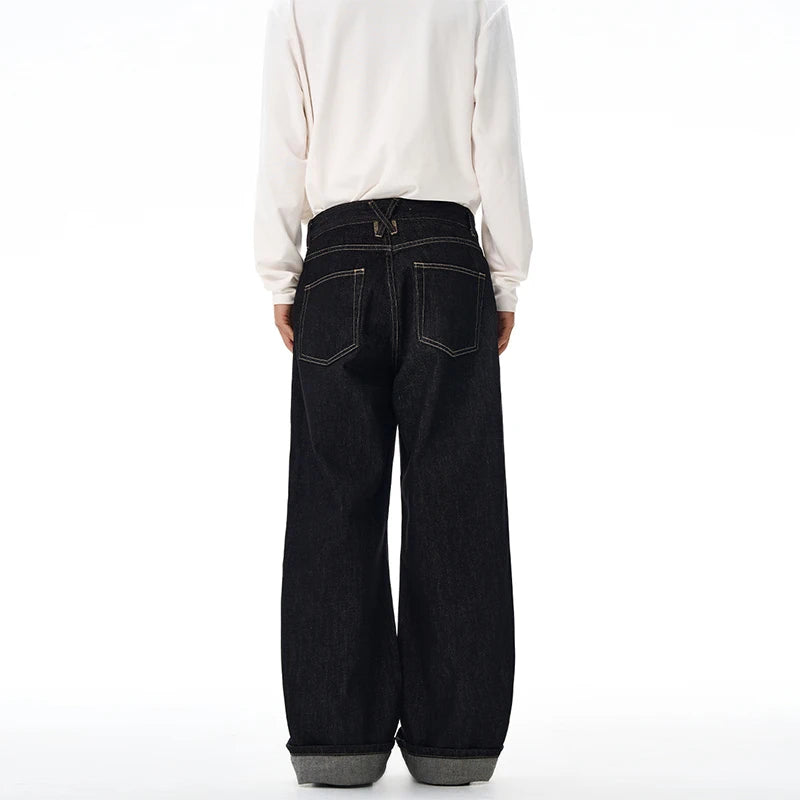 2025 autumn fashion original color straight leg rolled edge jeans for men, loose and versatile Japanese style long pants