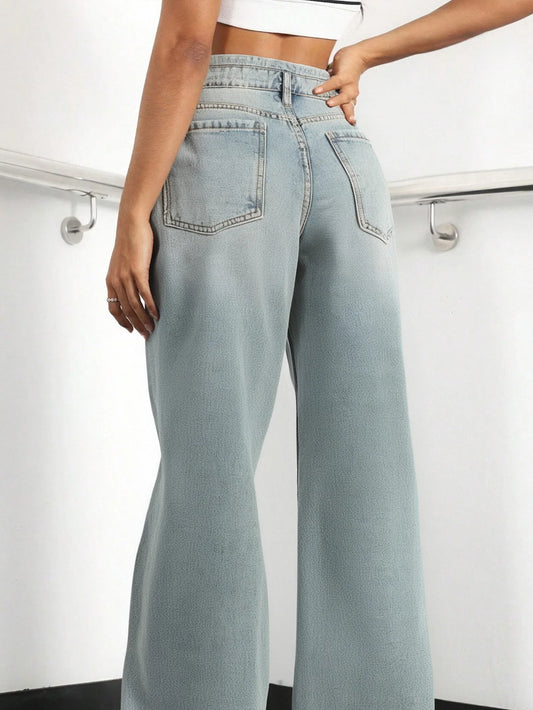 Women’s Washed Vintage Wide-Leg Jeans, Loose & Casual, Classic & Versatile