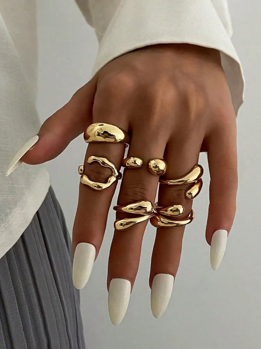 6pcs Vintage Minimalist Molten Lava Teardrop Open Rings – Asymmetrical Gold Tone Fashion Rings