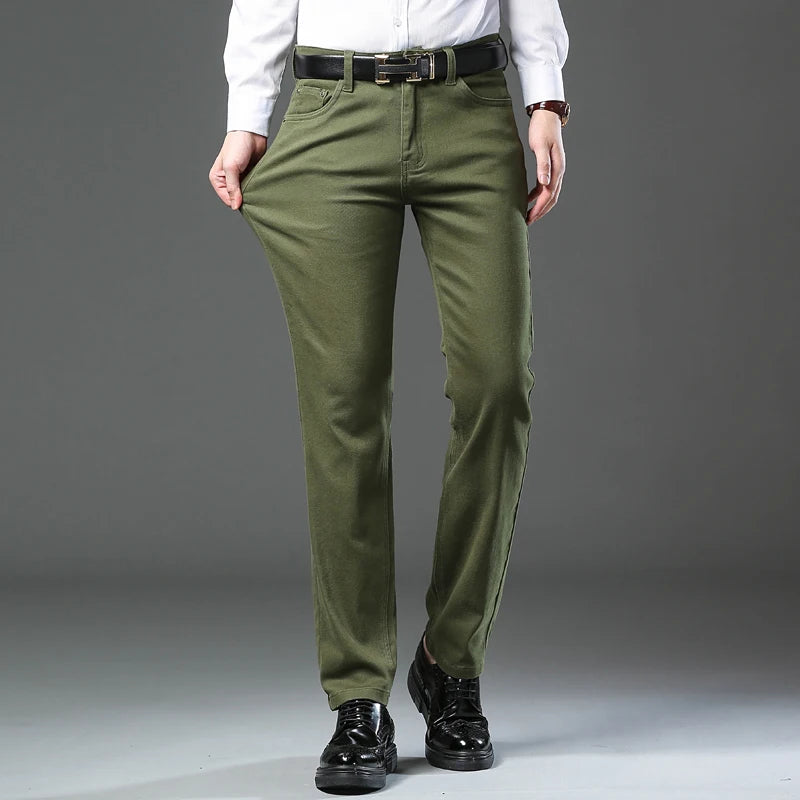 Large Size 42 44 Autumn 98% Cotton Men's Stretch Slim Jeans ArmyGreen Soft Comfortable Casual Straight Denim Pants Trousers
