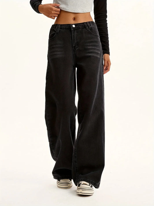 Teenage Girls' Black Casual Washed Denim Jeans - Preppy Style Trendy Straight Leg Pants