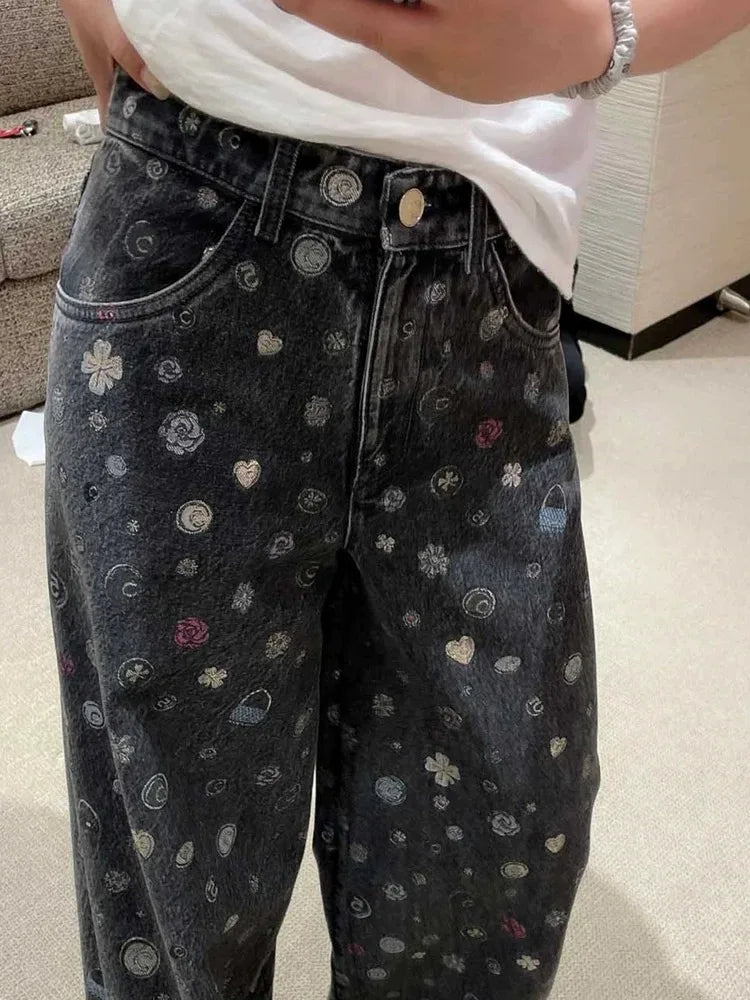 Women's new denim pants with floral print letters, versatile straight leg wide leg denim pants