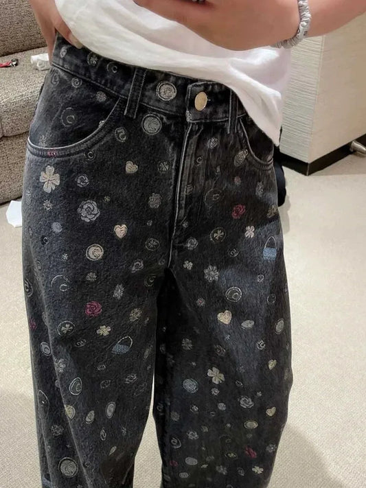 Women's new denim pants with floral print letters, versatile straight leg wide leg denim pants