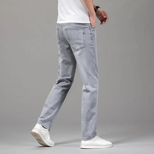 Summer Elastic Men's Jeans Fashion Gray Comfortable Business Straight Stretch Cotton Casual Denim Pants Brand Male Thin Trousers