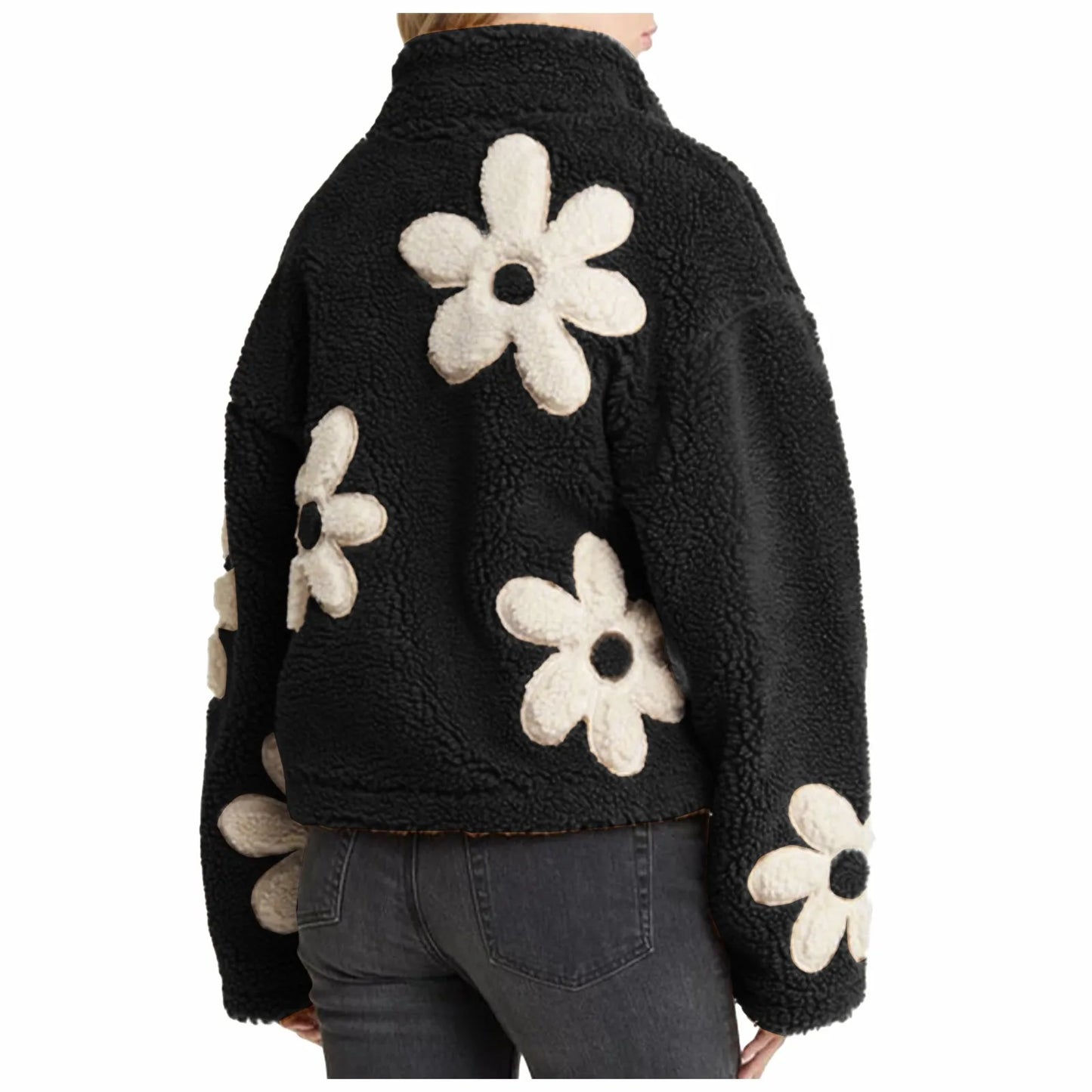 Womens Floral Fleece Jackets Winter Zipper Cropped Coat Casual Long Sleeve Outwear With Pockets Cute Plush Jacket For Women