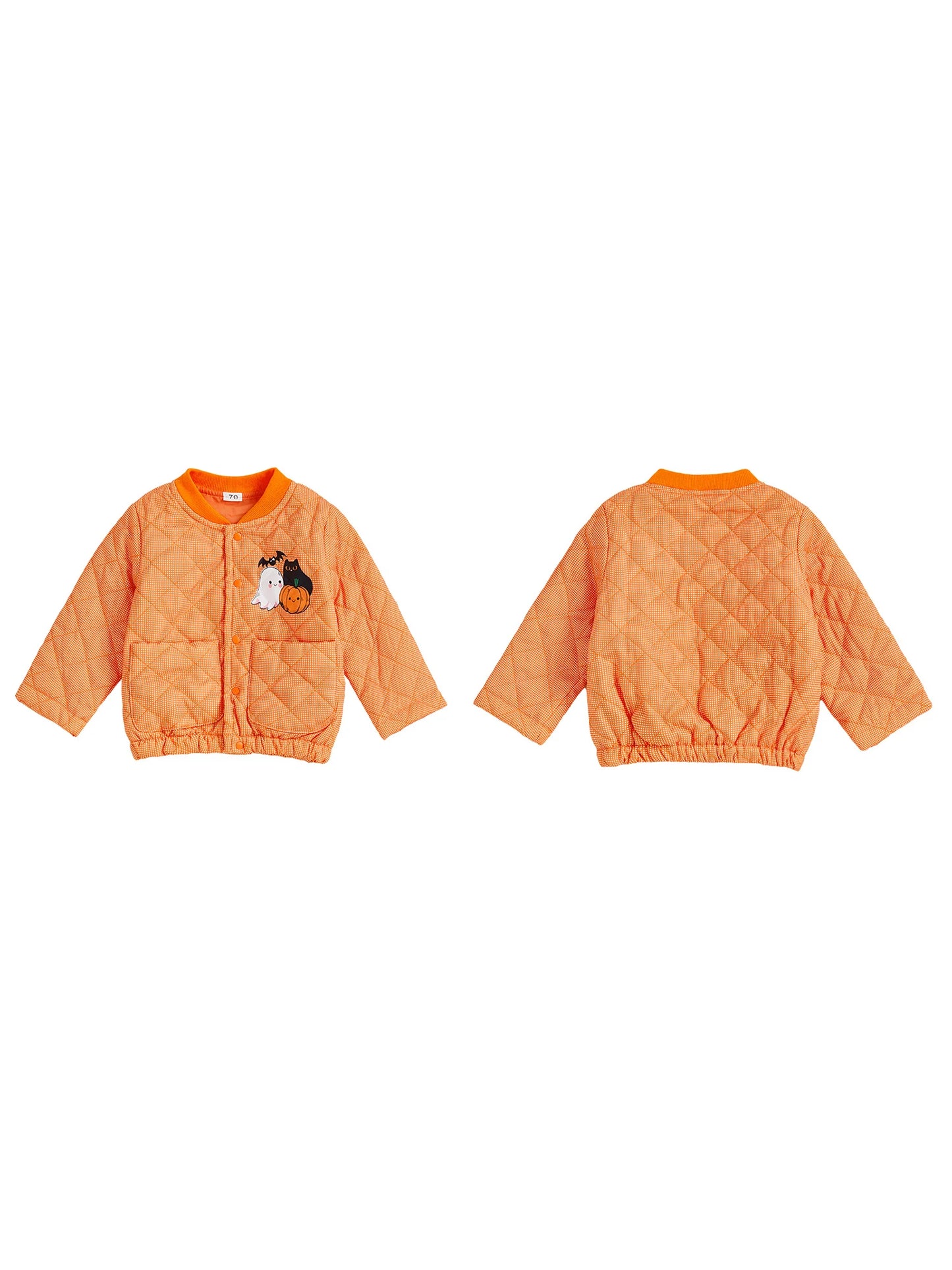 Infant Halloween Costume Pumpkin Ghost Print Long Sleeve Button Up Stand Collar Quilted Jacket with Pockets for Toddlers