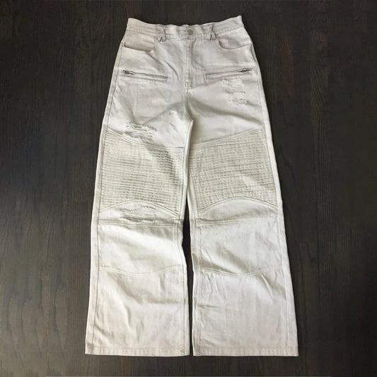 Y2K Retro Biker Denim Pants Zipper Pocket Distressed Holes Ruched Jeans New Trendy High Street Streetwear Unisex Baggy Trousers