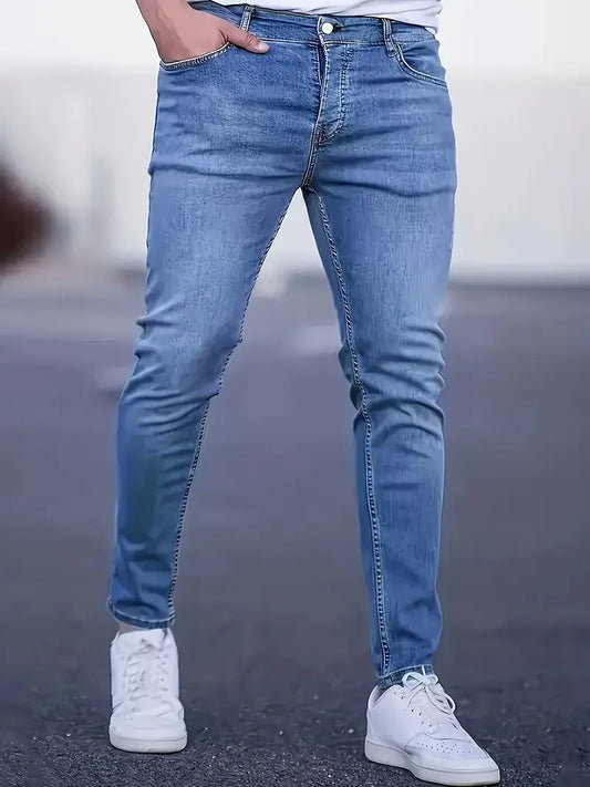 Men's Skinny Fit Wide Leg Jeans, Men's Stylish Comfy Denim Pants, Versatile For Four Seasons