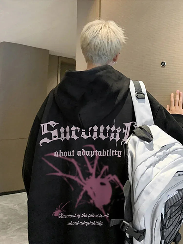Autumn Gothic Spider Printed Hooded Sweatshirts Hombre Harajuku Streetwear Graphic Suede Hoodies Aesthetic Oversized Y2K Hoody