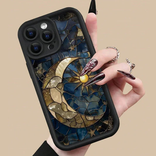 Aesthetic Glass Printed Sun & Moon Silicone Phone Case for IPhone 16 14 12 13 11 15 Pro Max X XS 7 8 Plus Shockproof Soft Cover