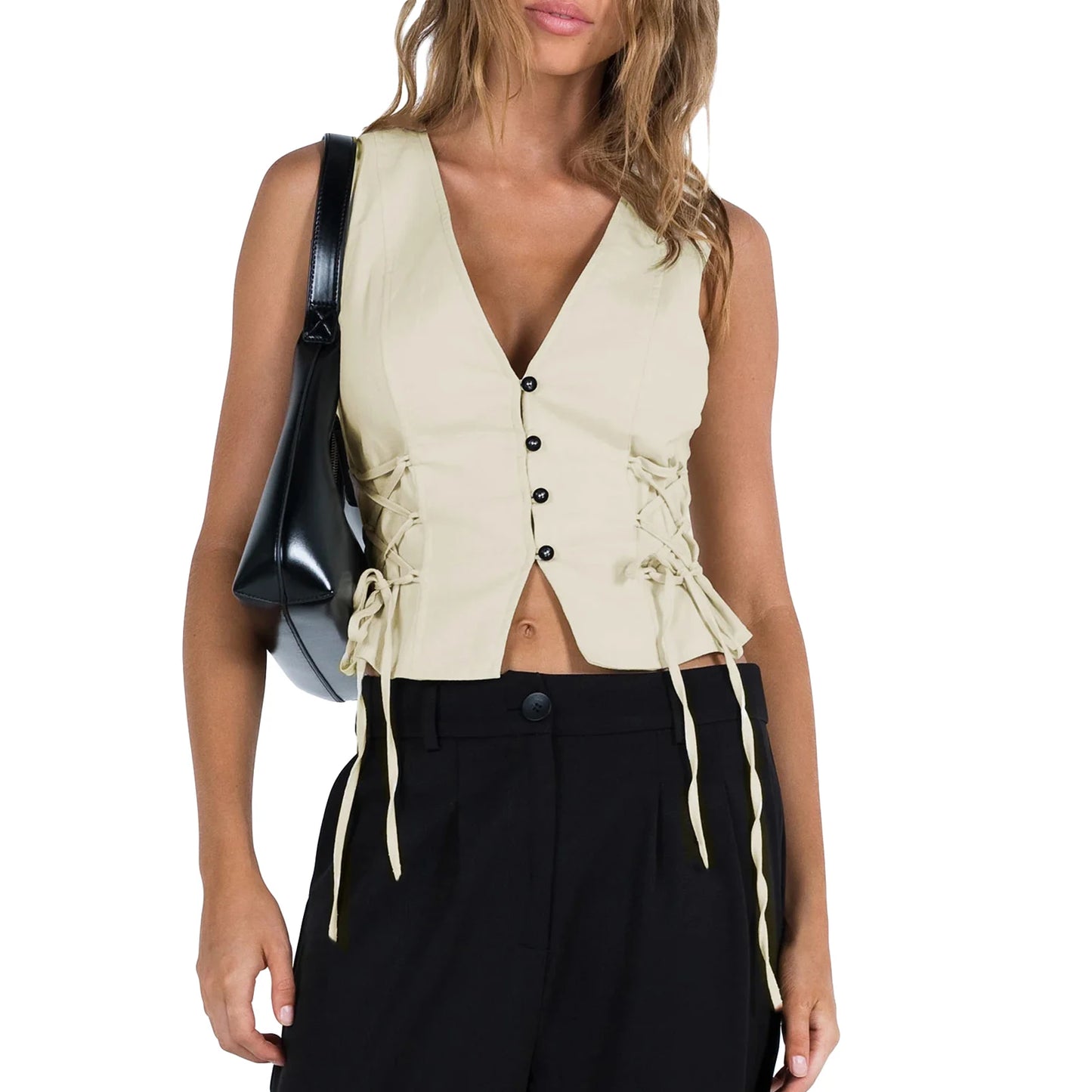 Women s Summer Tank Tops Solid Color Front Button Vest Side Cross Tie-Up Waistcoat Streetwear