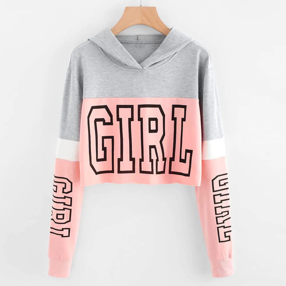Women Sexy Cropped Hoodies Long Sleeve Letter Printed Drawstring Hooded Pullover Tops Girls Basic Crop Tops Y2k Clothes Women
