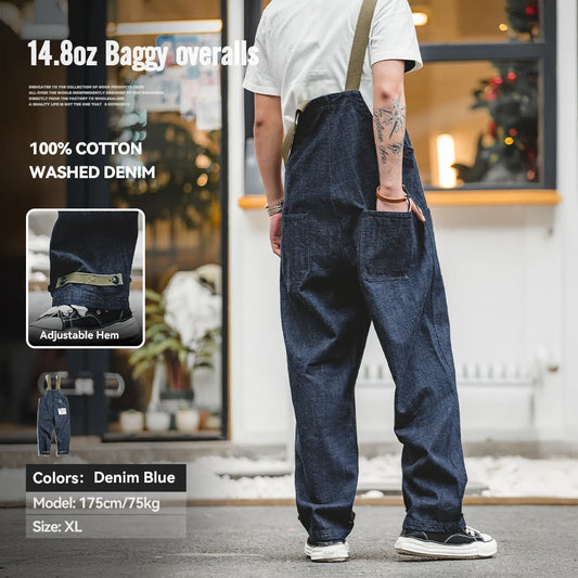 Maden Vintage Unisex Denim Overalls Baggy Fit Navy Deck Jumpsuits Couple Cotton Wide-leg Oversize Jeans for Autumn and Winter