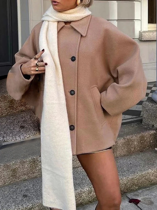 Women s Winter Oversized Wool Jacket with Batwing Sleeves and Lapel Collar Button Closure Solid Color Loose Fit Coat for Cold