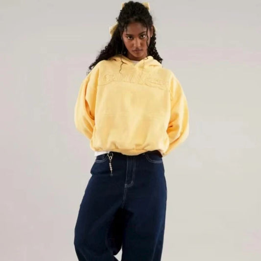 Y2k American Yellow Letter Patch Pullover Hoodie Men And Women Fashion Hip-Hop Casual Multifunctional Oversize Streetwear