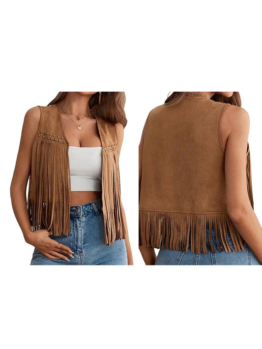 Vintage Fringe Suede Jacket 70s Boho Hippie Outfit Sleeveless Open Front Vest Western Cowgirl Coat Retro Fashion Trend
