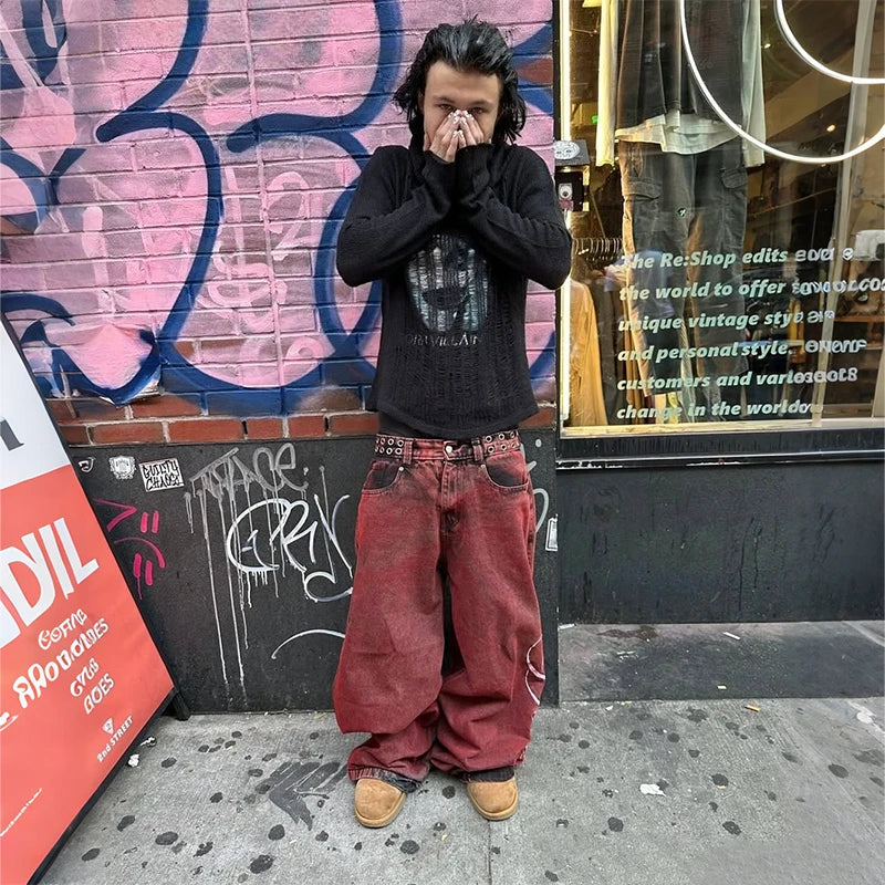 Y2K Casual Loose Jeans Vintage Letter Print Rivet Waist Belt Design Red High Waist Wide Leg Jeans Men Women Hip Hop Streetwear