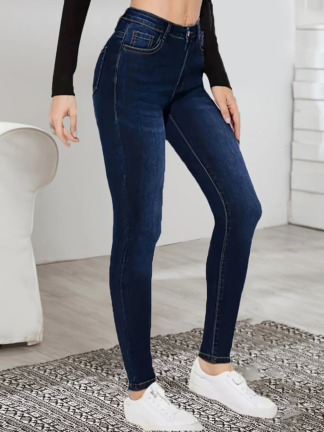 New dark blue women's high waist stretch skinny jeans