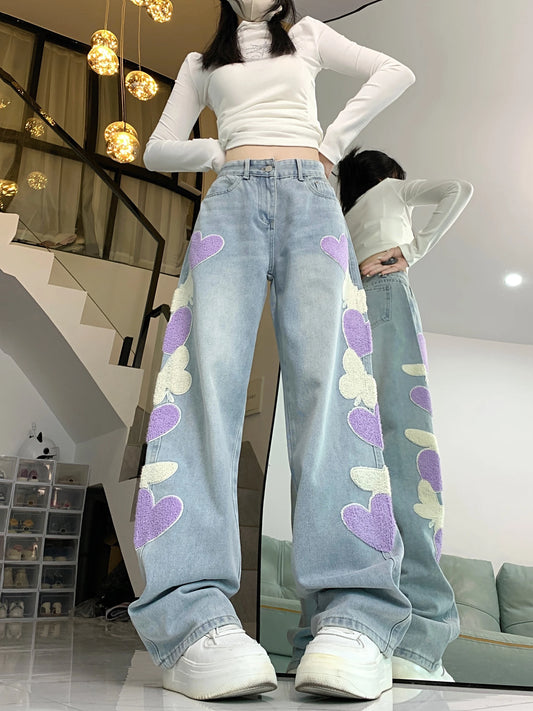 Light Blue Jeans Women's Design Embroidered Loose Casual Wide-Leg Straight Long Pants
