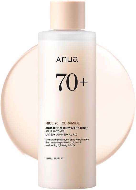Anua Rice 70 Glow Milky Toner, Glass & Dewy Skin, Hydrating & Barrier Care, Rice Water, Niacinamide, Ceramides, All Skin Types, Fragrance-Free, Non Comedogenic, Korean Skincare, 8.45 fl.oz