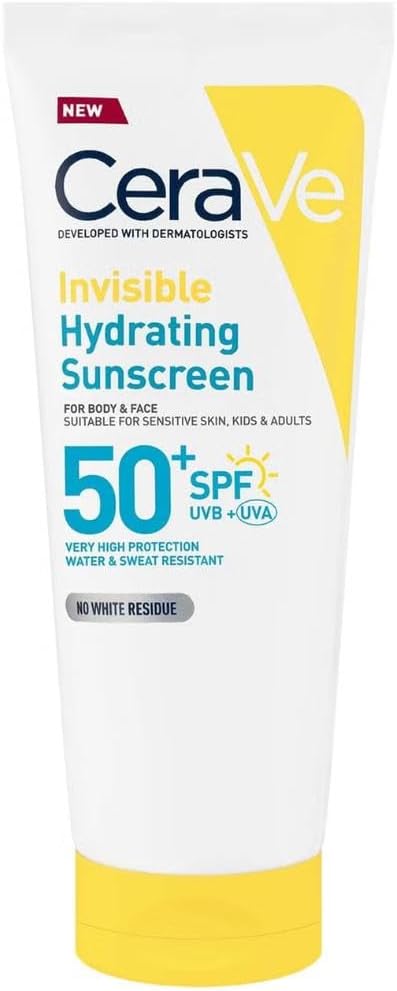 CeraVe Invisible Hydrating Sunscreen SPF 50+, Broad Spectrum UVB UVA Protection, With 3 Essential Ceramides, MVE Technology, Body and Face, For Sensitive Skin, Kids & Adults, Water Resistant, 75ml Halalzen