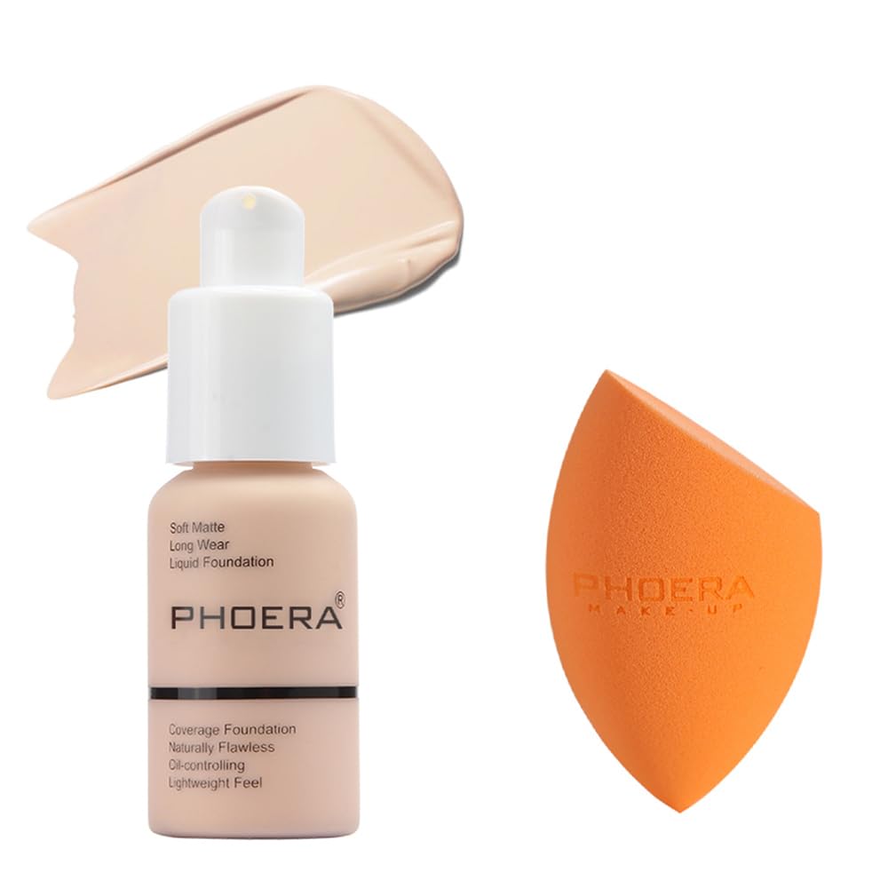PHOERA Foundation - Flawless Soft Matte Liquid Foundation with 24 HR Oil Control and Concealer, Full Coverage Makeup for a Smooth, Long-Lasting Look, Waterproof 30ml (102 Nude) Halalzen