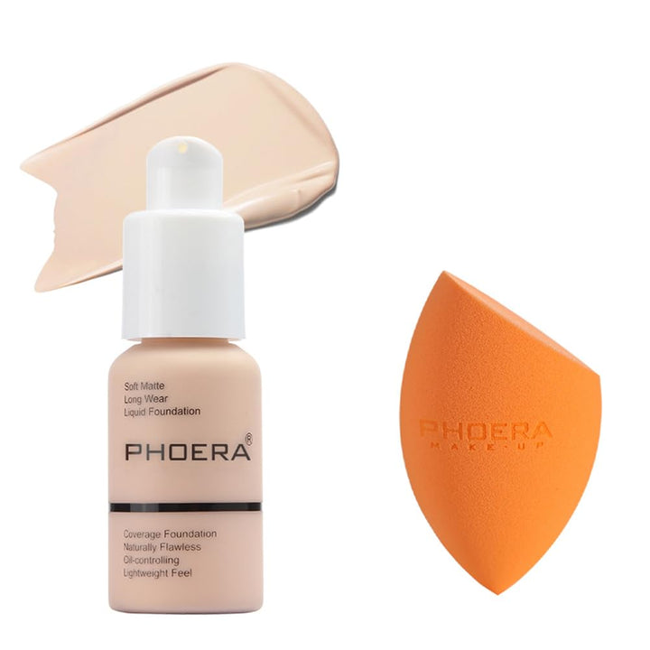PHOERA Foundation - Flawless Soft Matte Liquid Foundation with 24 HR Oil Control and Concealer, Full Coverage Makeup for a Smooth, Long-Lasting Look, Waterproof 30ml (102 Nude) Halalzen
