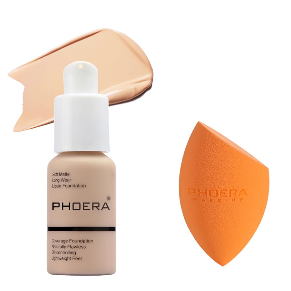 PHOERA Foundation - Flawless Soft Matte Liquid Foundation with 24 HR Oil Control and Concealer, Full Coverage Makeup for a Smooth, Long-Lasting Look, Waterproof 30ml (102 Nude) Halalzen