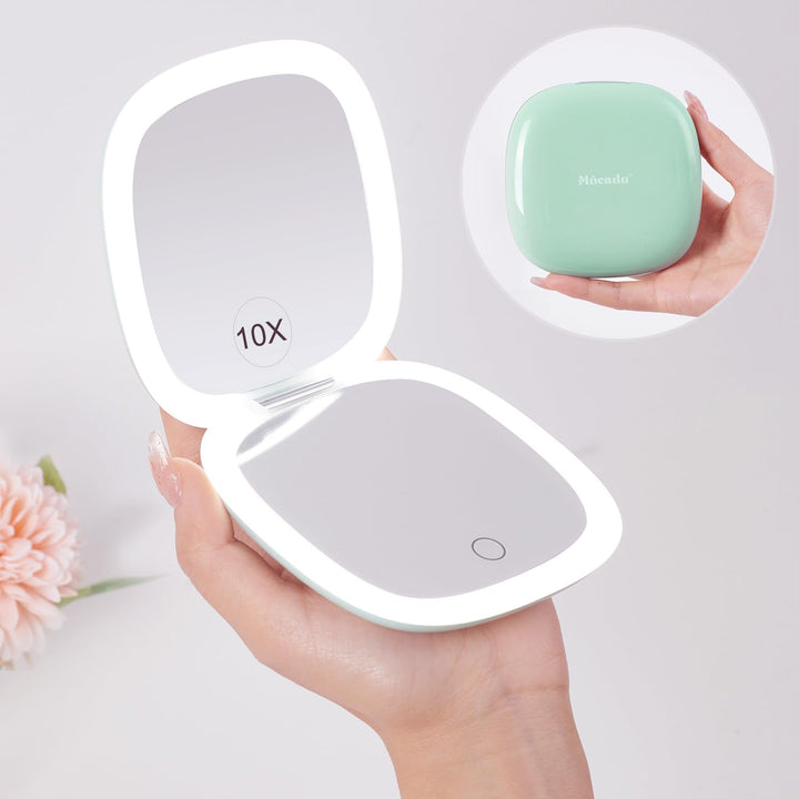 Mocado Compact Mirror with Light, 1X/10X Travel Magnifying Mirror, 10cm LED Travel Makeup Mirror with 3 Color Adjustable Lights, Double Sided USB Rechargeable & Touch Screen, Portable(White) Halalzen