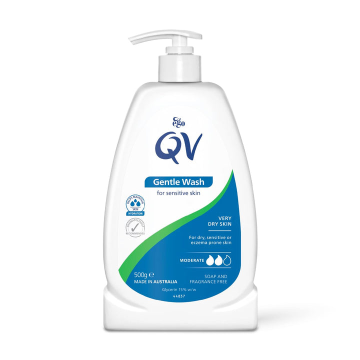 QV Gentle Wash (500g) for Dry, Sensitive Skin, pH Balanced, Unscented, Soap Free, Moisturising Soap alternative that lathers for Dry Skin Eczema, Psoriasis, Dermatitis for whole body Halalzen