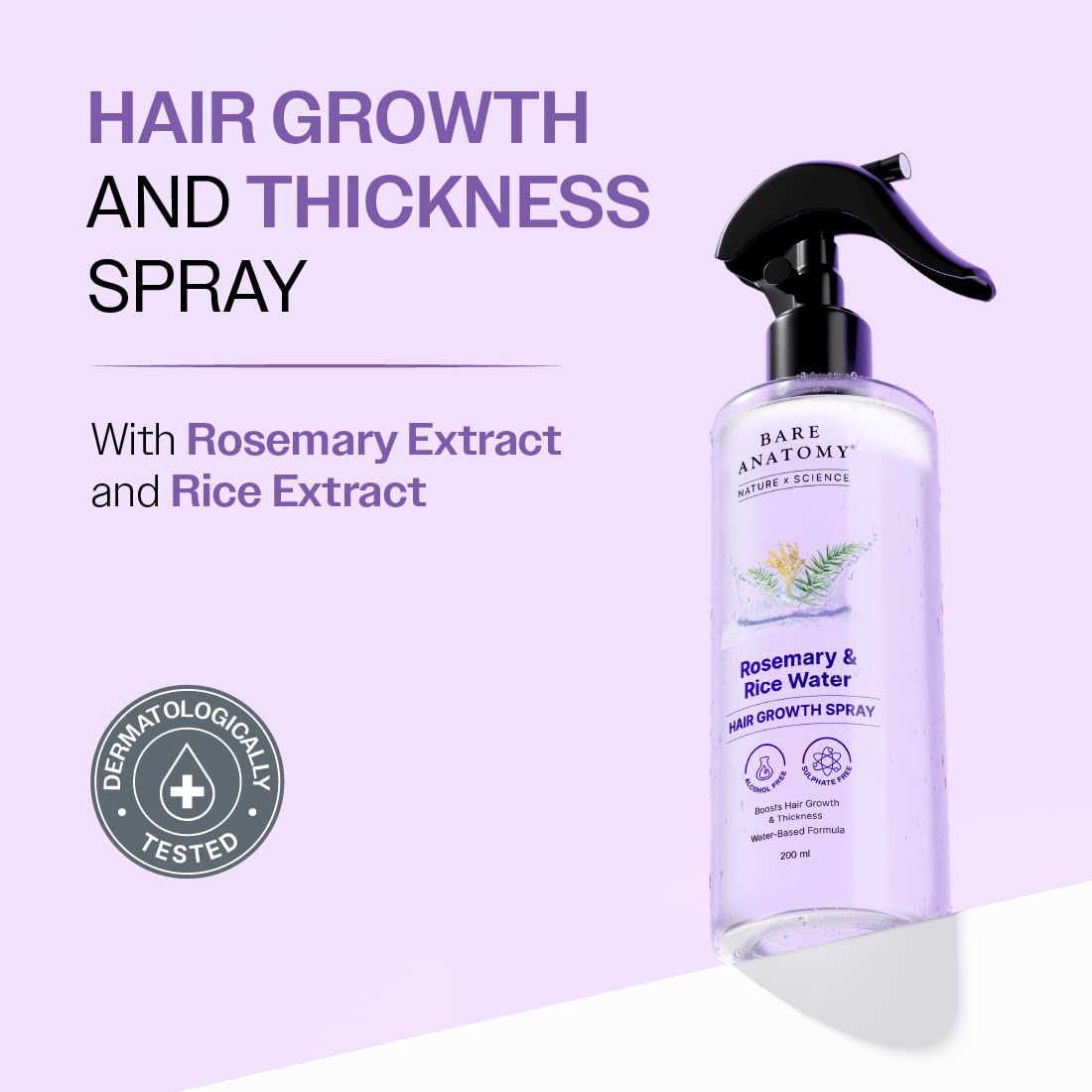 Bare Anatomy Rosemary & Rice Water Growth Spray | Thicker, Voluminous & Hydrated Hair | Reduces Breakage | Non Greasy & Fast Absorbing | 100% Natural Extract | All Hair Types | 100ml