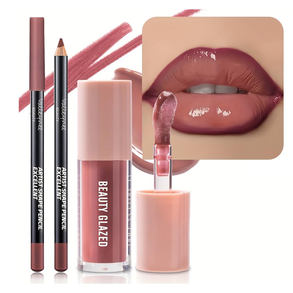 Lip Gloss and Lip Liner Set, Tinted Lip Gloss with Lip Pencil, Waterproof Long Lasting Glossy Lip Combo, Nude Lip Makeup Kit for Women (#V02+104) Halalzen