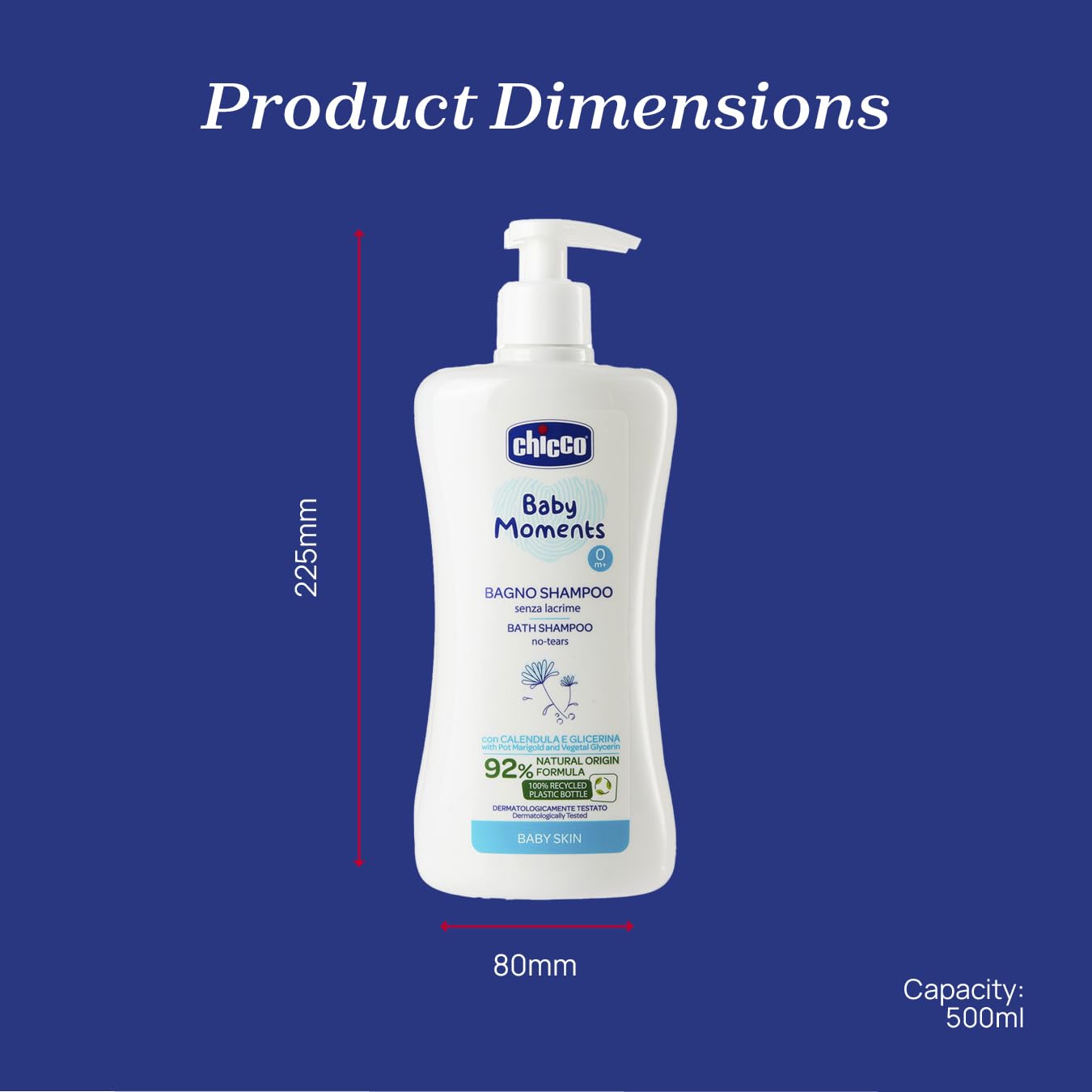 Chicco Baby Moments Shampoo & Body Wash, Tear-Free Formula, Dermatologically and Ophthalmologically tested, Suitable for Sensitive Skin, 100% Recycled Plastic, 500ml, 00010591000000