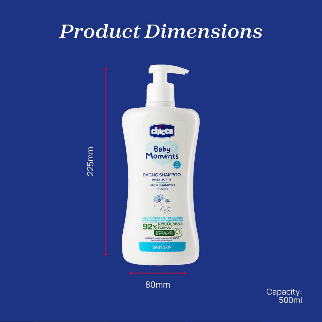 Chicco Baby Moments Shampoo & Body Wash, Tear-Free Formula, Dermatologically and Ophthalmologically tested, Suitable for Sensitive Skin, 100% Recycled Plastic, 500ml, 00010591000000