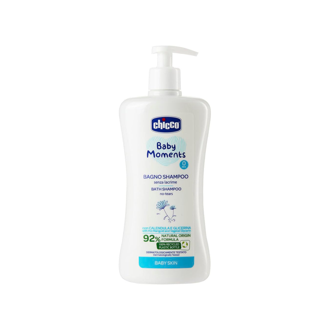 Chicco Baby Moments Shampoo & Body Wash, Tear-Free Formula, Dermatologically and Ophthalmologically tested, Suitable for Sensitive Skin, 100% Recycled Plastic, 500ml, 00010591000000