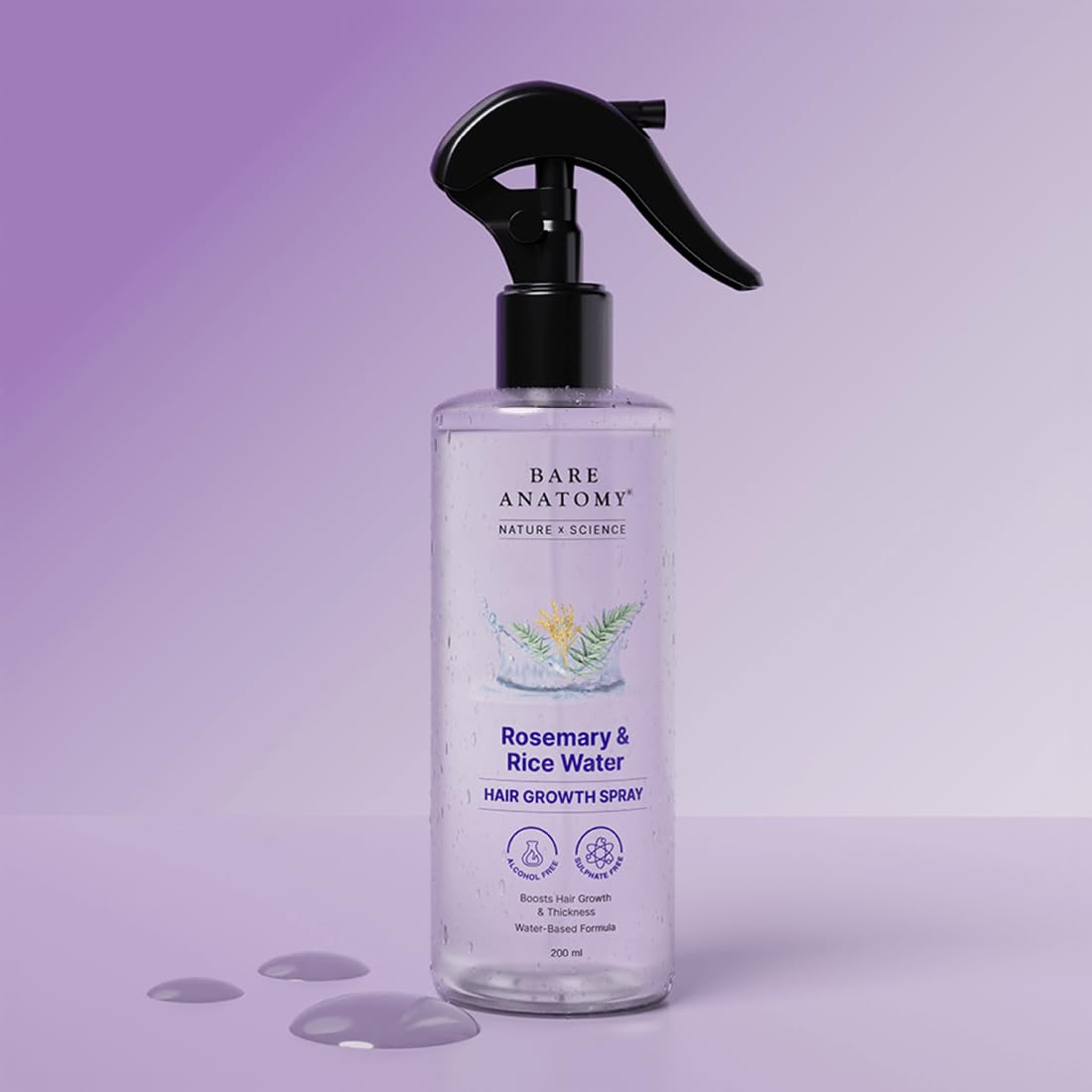 Bare Anatomy Rosemary & Rice Water Growth Spray | Thicker, Voluminous & Hydrated Hair | Reduces Breakage | Non Greasy & Fast Absorbing | 100% Natural Extract | All Hair Types | 100ml