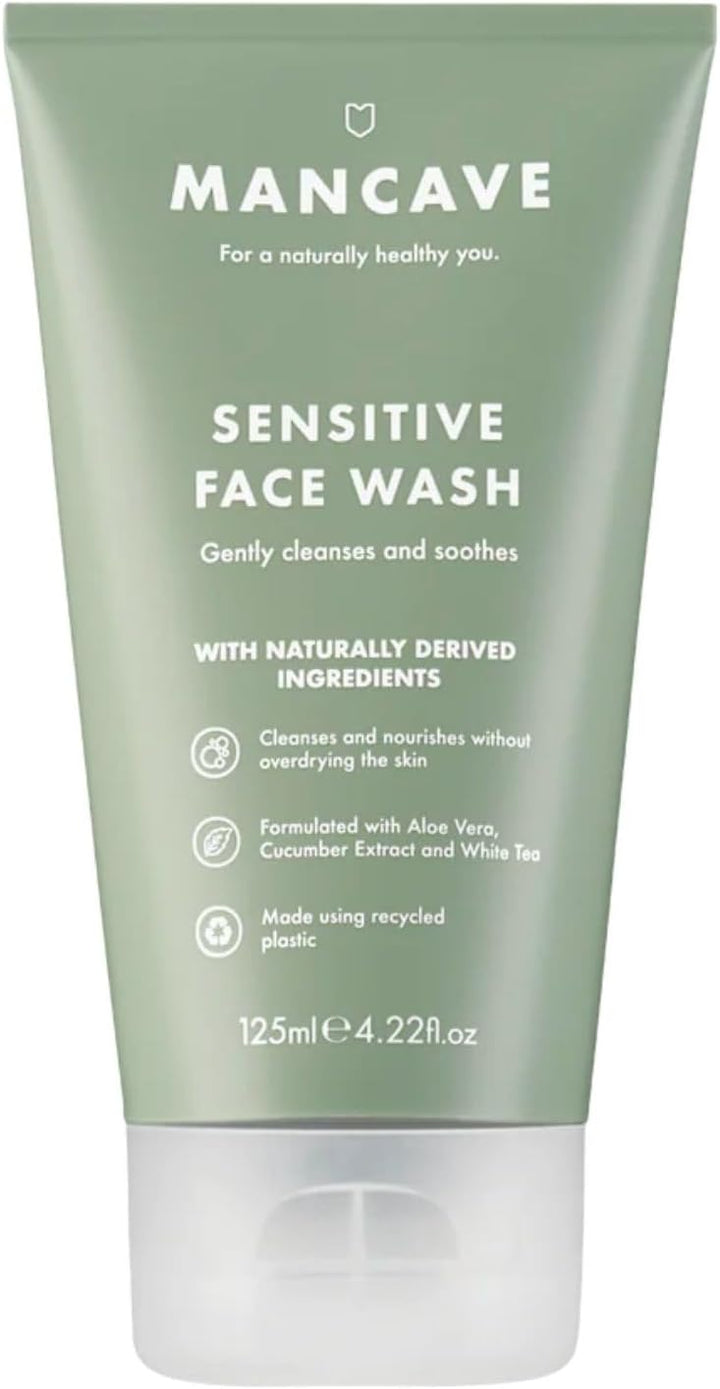 ManCave Sensitive Face Wash 125ml for Men, Clean and nourish Skin with Cucumber Extract, White Tea and Aloe Vera, Dermatologically Tested, Natural Formulation, Vegan Friendly Halalzen