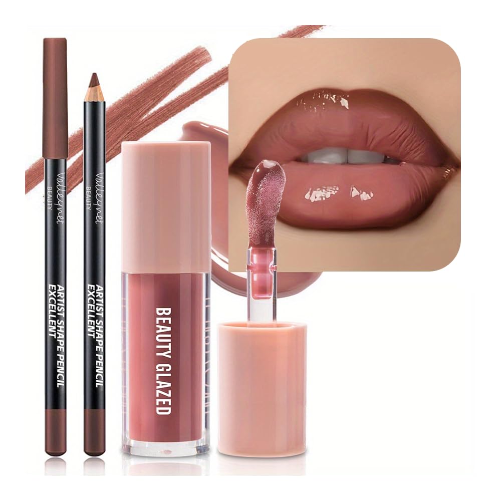 Lip Gloss and Lip Liner Set, Tinted Lip Gloss with Lip Pencil, Waterproof Long Lasting Glossy Lip Combo, Nude Lip Makeup Kit for Women (#V02+104) Halalzen