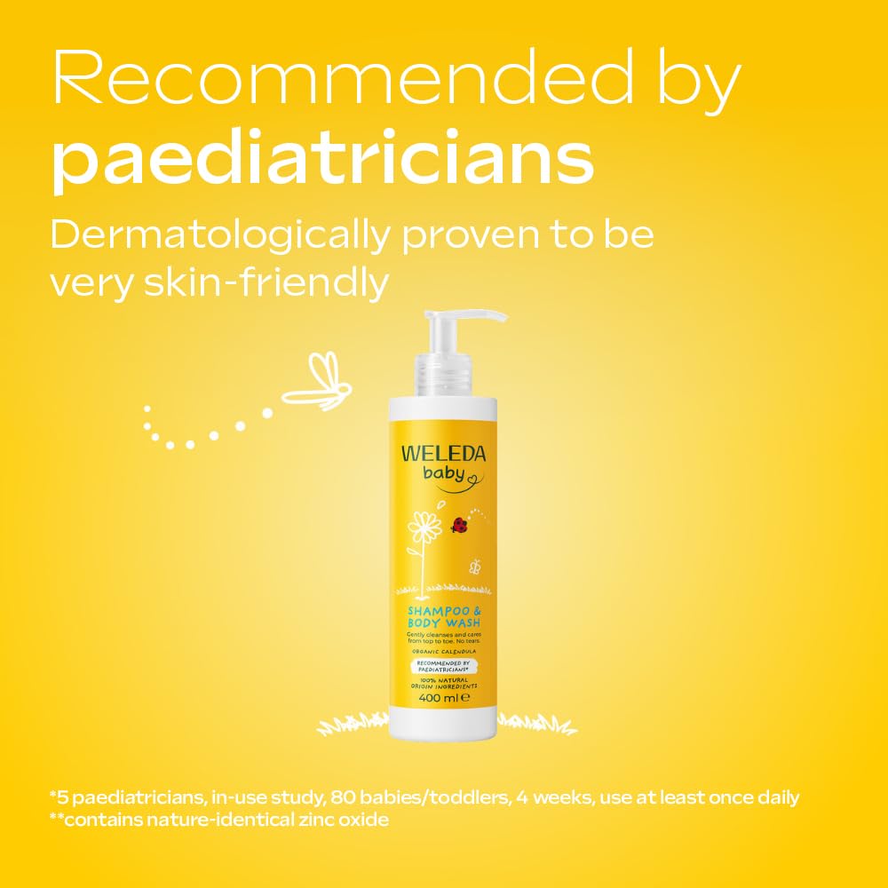 Weleda Baby Shampoo & Body Wash, Baby Bath, Kids Shampoo & Wash, Sensitive Calendula, Dermatologically Tested, Certified Natural, 96% Recycled Packaging, 400ml, Packaging May Vary