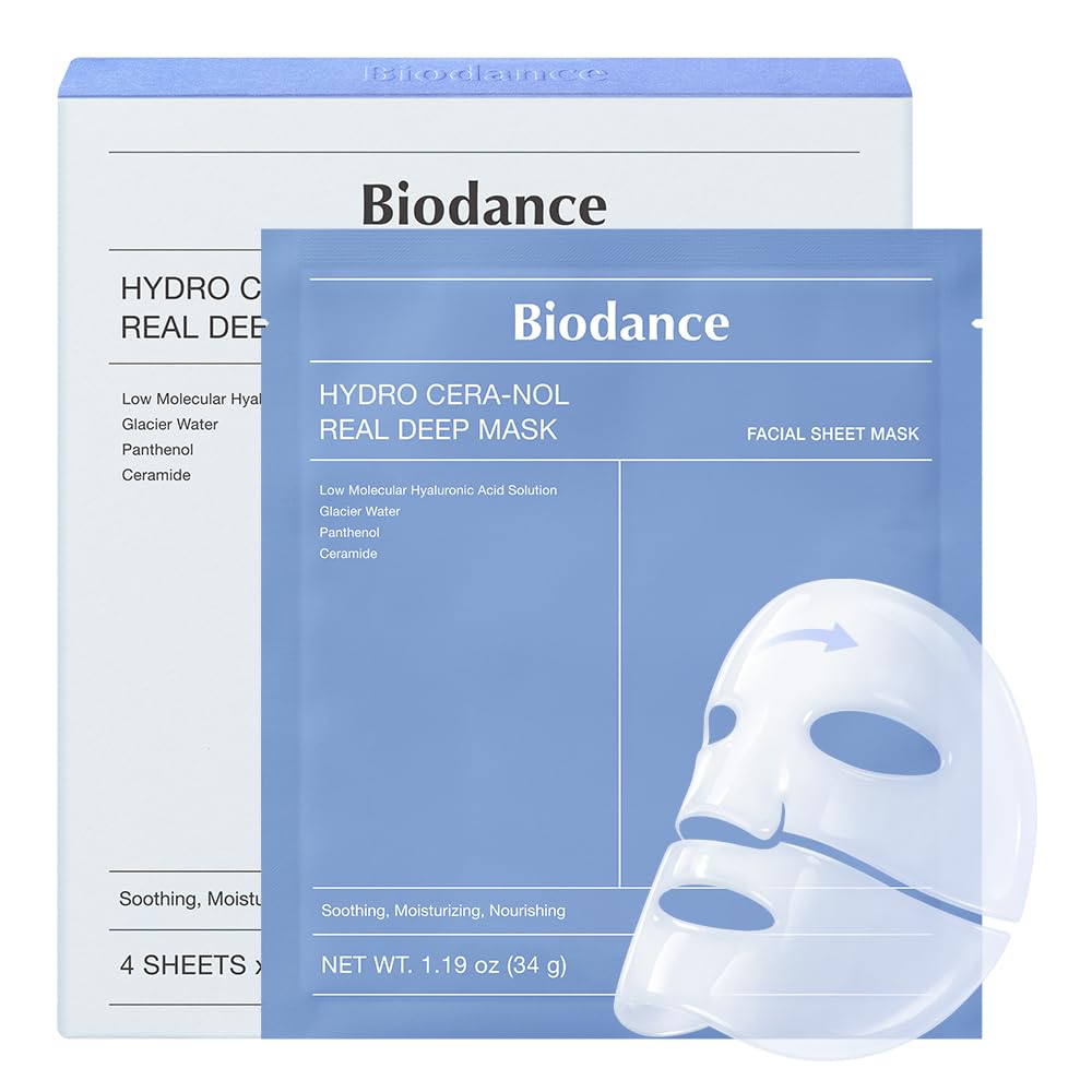 BIODANCE Hydro Cera-nol Real Deep Mask, Hydrating Overnight Hydrogel Face Mask, Moisturizing, Redness Reducing, Quick Soothing, After Sun Care, Sunburn Relief, Korean Skin Care |1.19oz(34g) x4ea Halalzen