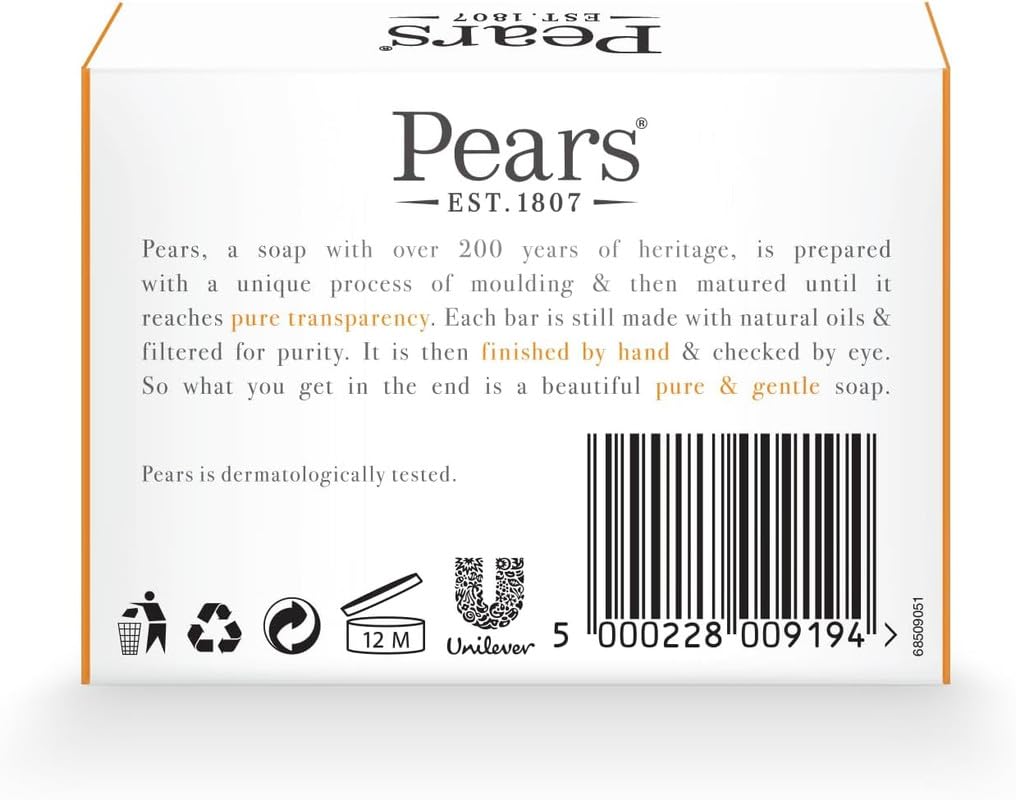 Pears Pure & Gentle Transparent Natural Soap Bar - Made with Mint Extracts, Nourishing and Refreshing Bathing Cleanser, Gentle & Soothing Skin Care, Pure Transparency, Pack of 12 x 125g Halalzen