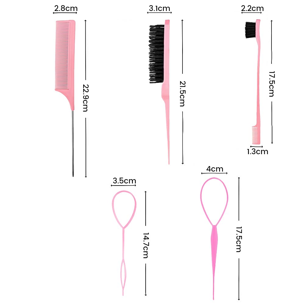 5 Pcs Slick Brush Set, Plastic Bristle Hair Brush and Teasing Comb and Topsy Tail Hair Tool, Rat Tail Comb Double Sided Edge Brushes for Hairs Slicking, Brushing, Combing and Styling(COLOR:Pink) Halalzen