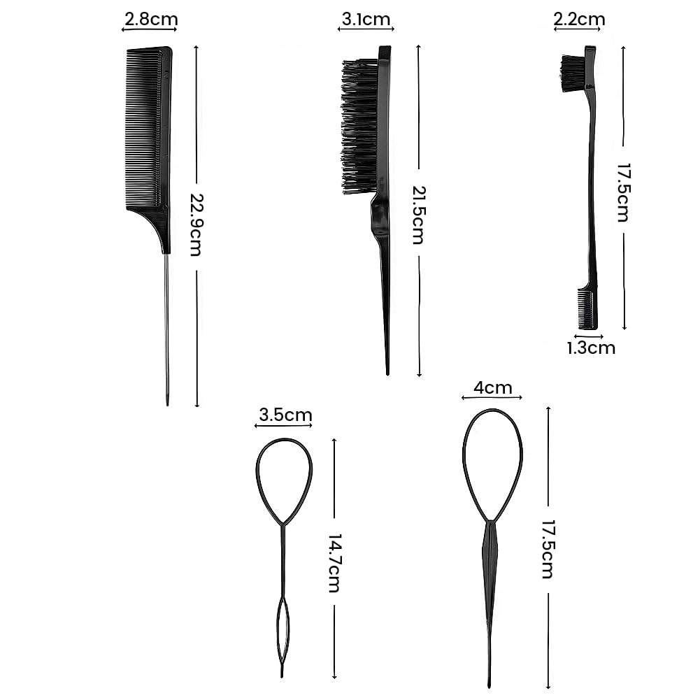 5 Pcs Slick Brush Set, Plastic Bristle Hair Brush and Teasing Comb and Topsy Tail Hair Tool, Rat Tail Comb Double Sided Edge Brushes for Hairs Slicking, Brushing, Combing and Styling(COLOR:Pink) Halalzen